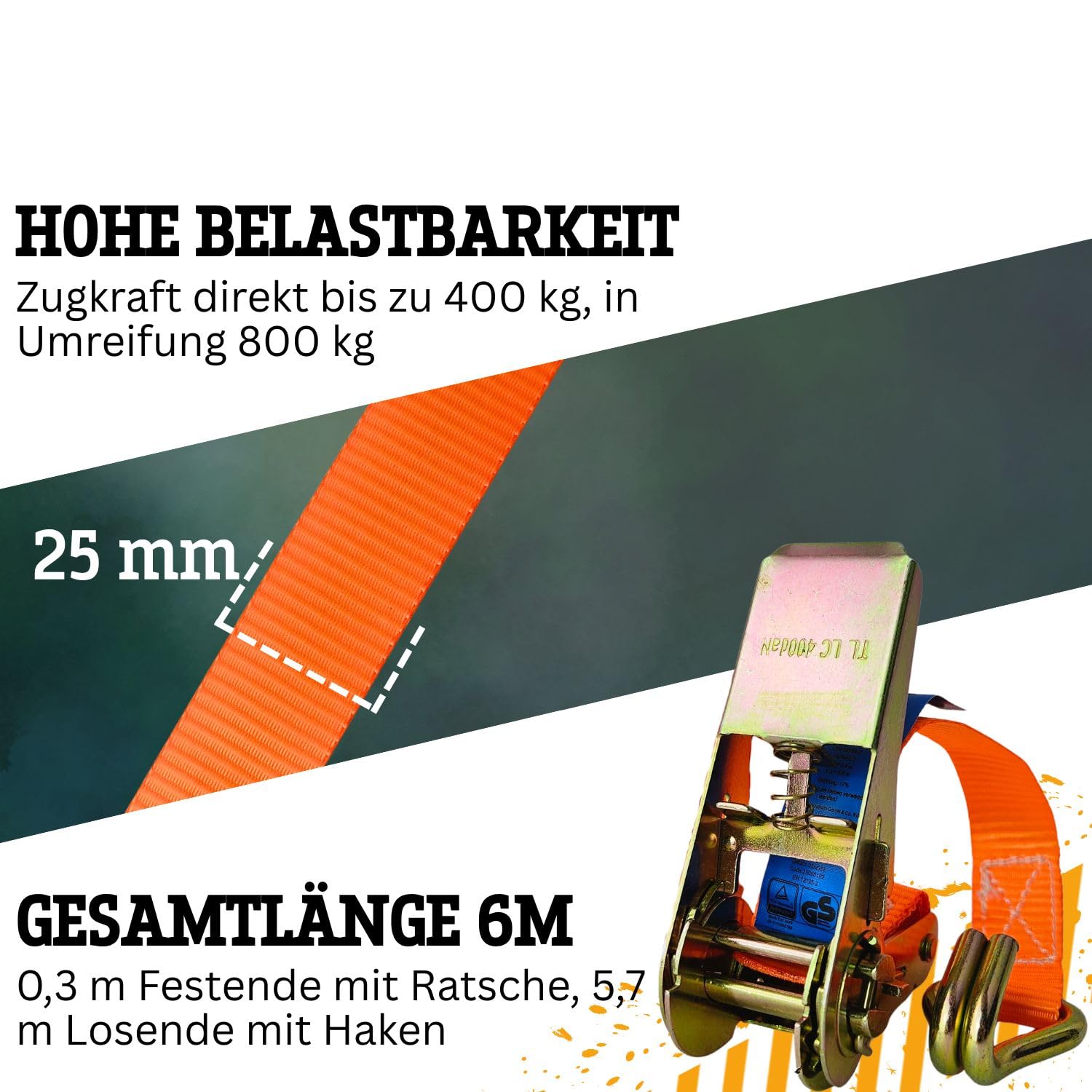 Safetytex Spanngurt mit Ratsche 2teilig - Ratschengurt 800kg - 6m x 25mm - Zurrgurt zweiteilig mit Haken und Ratsche 800 dan - perfekt für die Ladungssicherung (20 Stück)