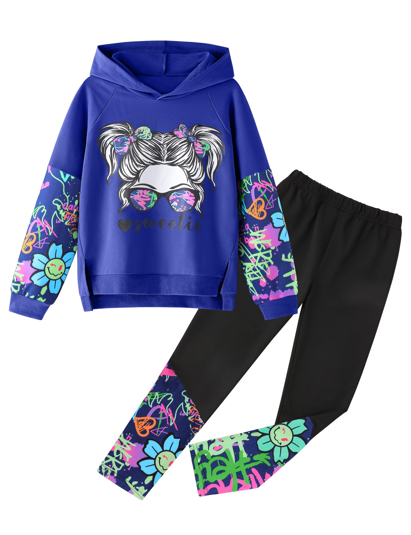 Gaupafmb Girls Clothes Cool Girl Print Tie Dye Hoodie Pullover Sweatshirt Leggings 2PC Outfits