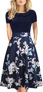 Women's Elegant Vintage Cotton Casual Floral Print Work Party Peter Pan Collar A-Line Dress with Pockets 978 - Buy now