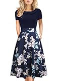 Women's Elegant Vintage Dresses Knee Length Casual Floral Print Work Party Peter Pan Collar A-Line Dress with Pockets 978