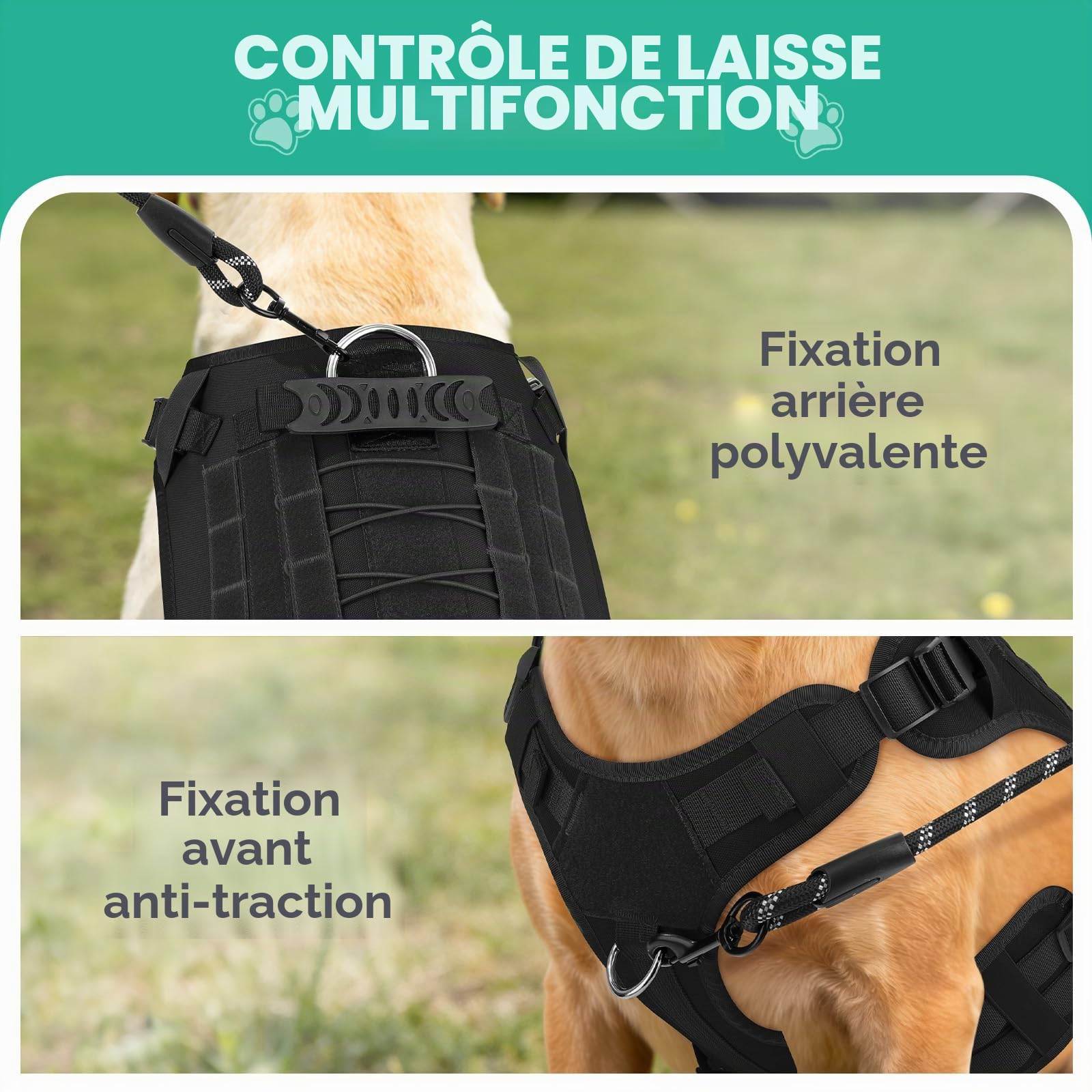 YooxArmor Harnais Chien Anti Traction Tactique avec Laisse pour Petit Moyen Chien,Harnais Chien Réglable avec Attache Devant & Poignée Contrôl,Facile à Mettre,Arnet pour Chiens Solide Respirant,Noir,S