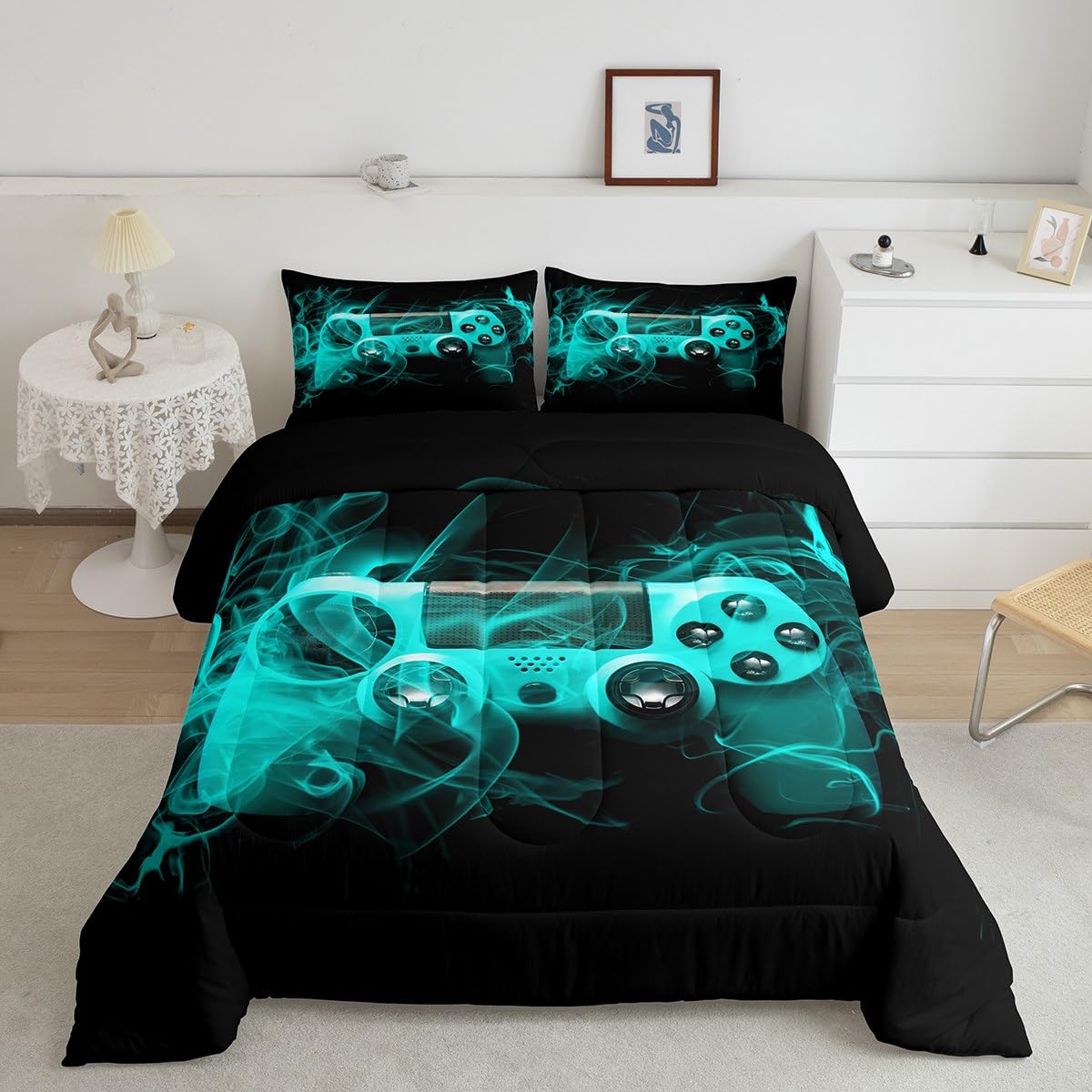 Kids Gamer Duvet Set Teens Gamepad Bedroom Decor for Boys Girls Video Game Controller Bedding Set Youth Gaming Console Duvet Insert Blue Black Single Size