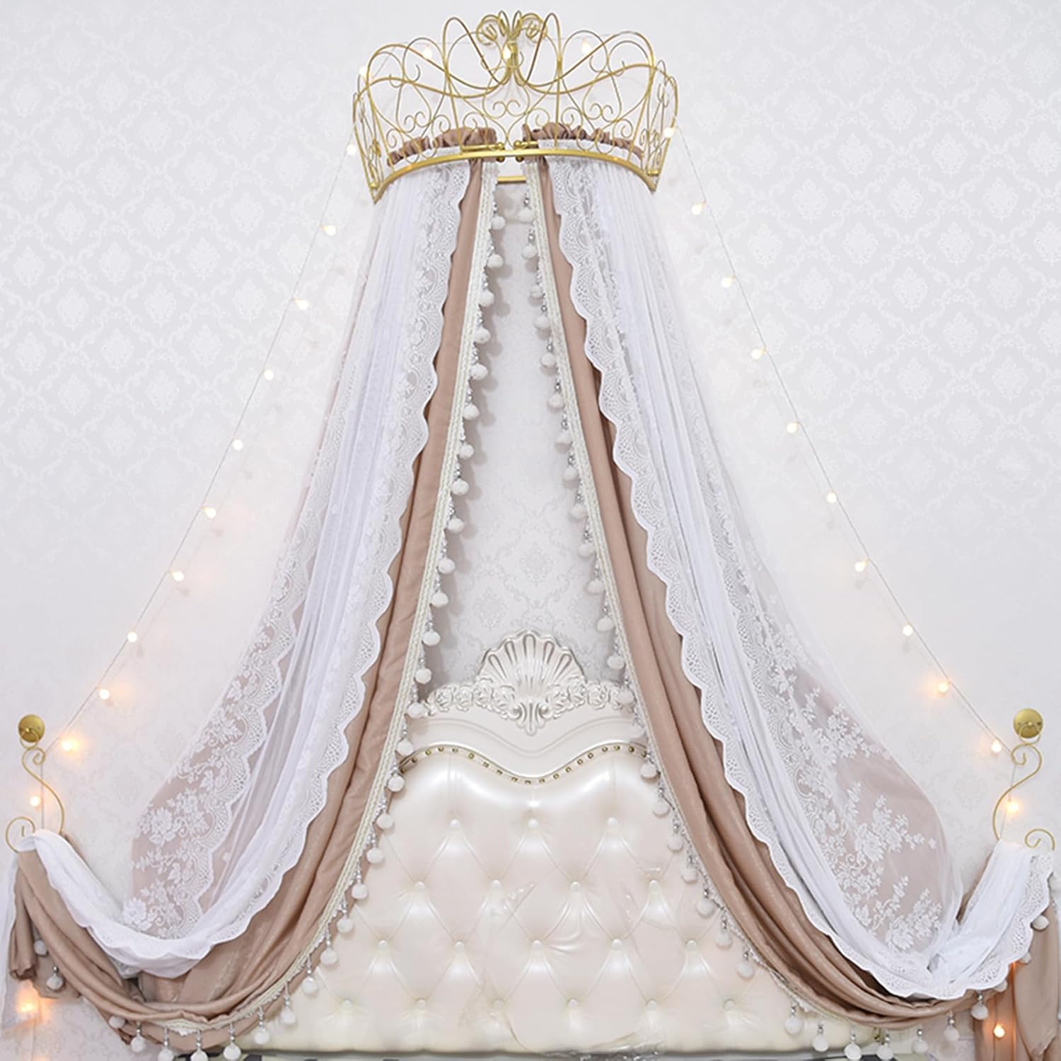 Princess Lace Bed Canopy, Double Layer Bed Curtains Mosquito Net Nursery Play Room Decorative Drapery Golden Metal Crown Yarn Netting Curtains Reading Nook Canopies