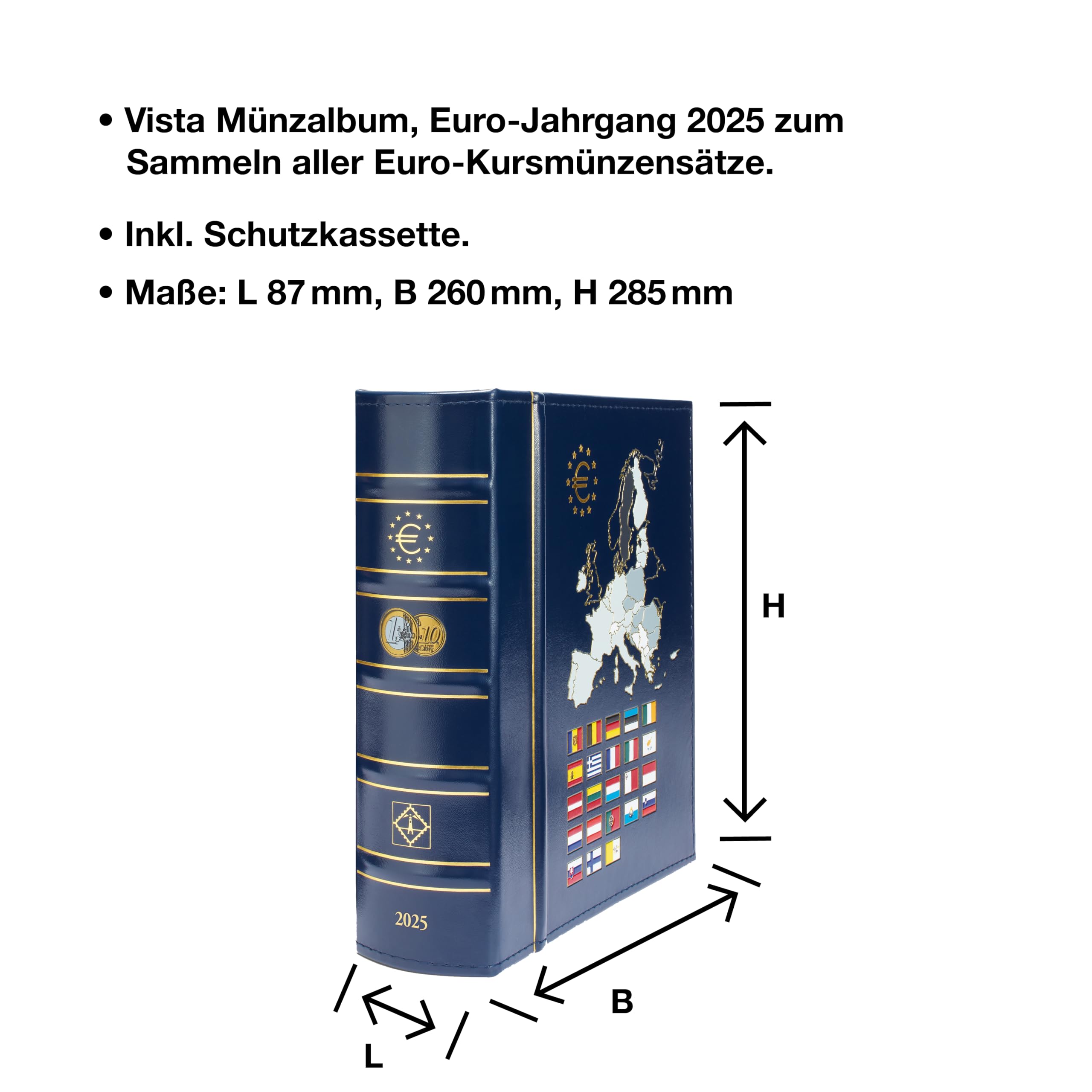 Leuchtturm 372278 Vista Münzalbum Euro-Jahrgang 2025 - mit Schutzkassette, Kunstledereinband, Münzblätter - Blau