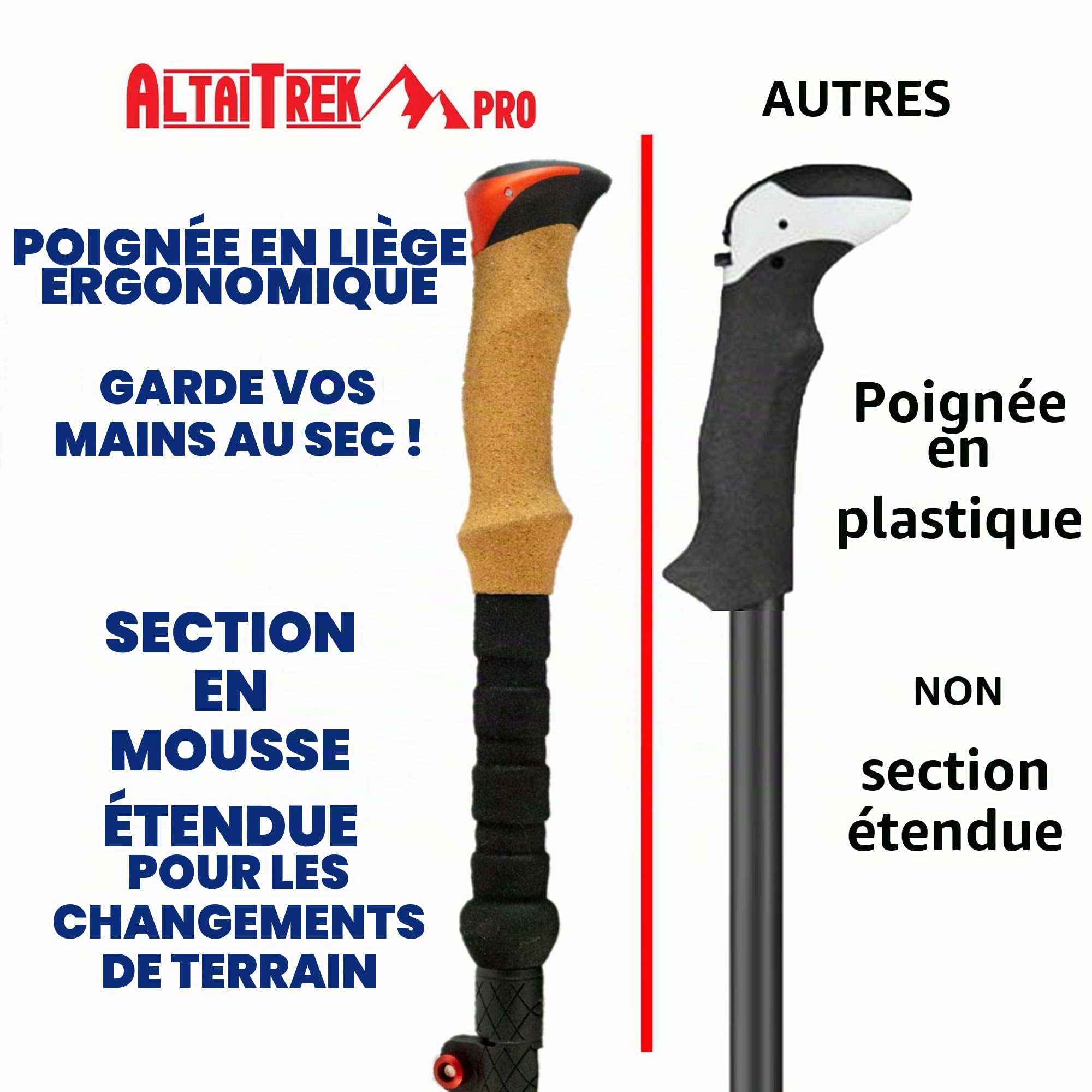 Bâtons de randonnée Pliables en Fibre de Carbone ALTAITREK PRO avec système de Verrouillage Rapide, ultralégers pour la randonnée, Le Camping en Montagne. Poignée en liège Naturel. Paire
