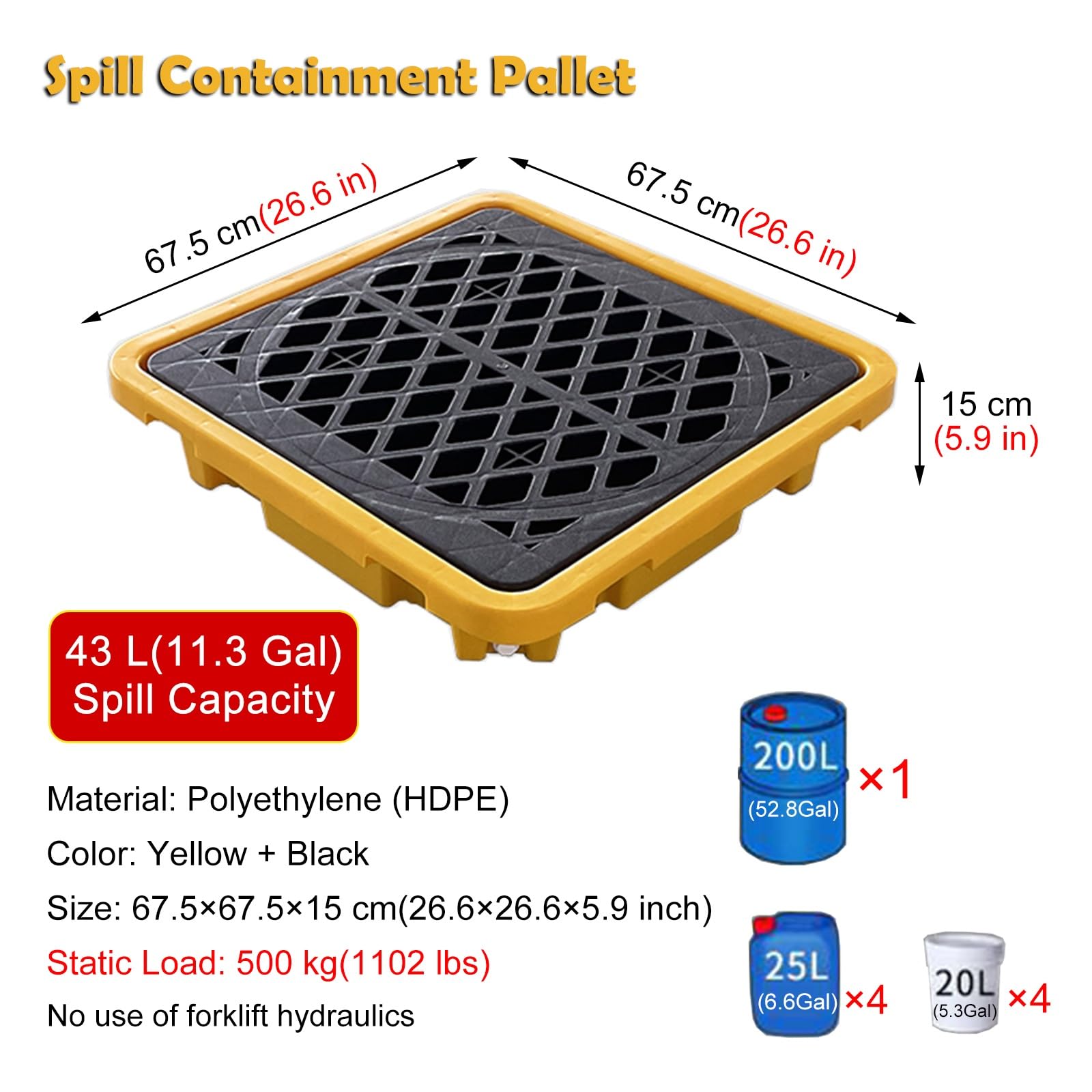 Oil Tank Spill Containment Tray, Industrial 1 Drum Spill Containment Modular Platform for Laboratories Supermarket Basement Storage, Low Profile Plastic Pallet with Drain(67.5x67.5x15 cm(26.6x26.6x5.9