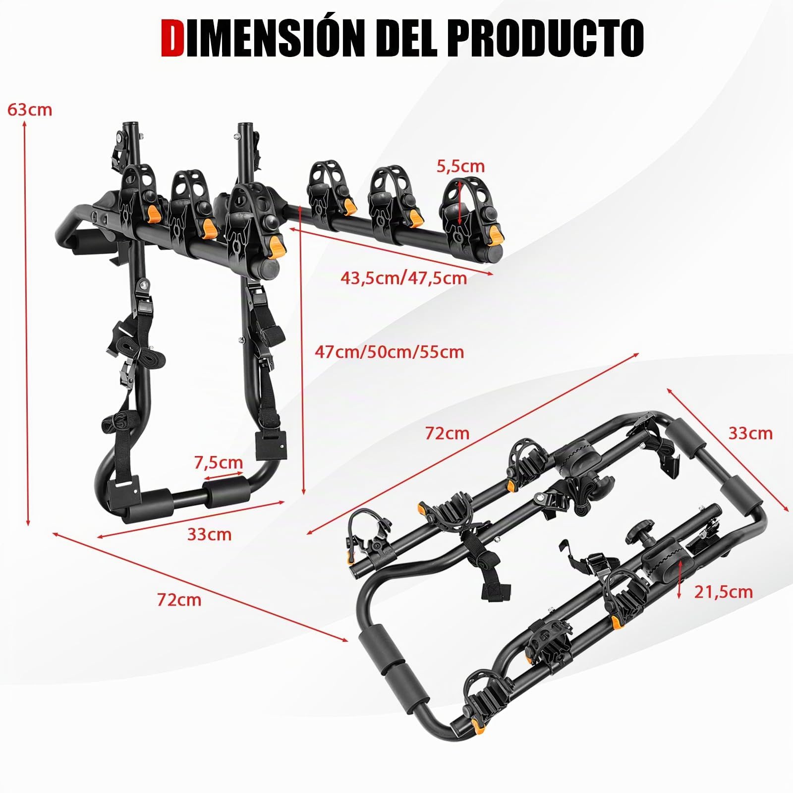 GYMAX Portabicicletas Coche con Longitud y Ángulo Ajustables para 3 Bicicletas, Soporte para Maletero para Maletero con Barra Superior y la Mayoría de Sedanes, Hatchbacks, Minivans y SUV