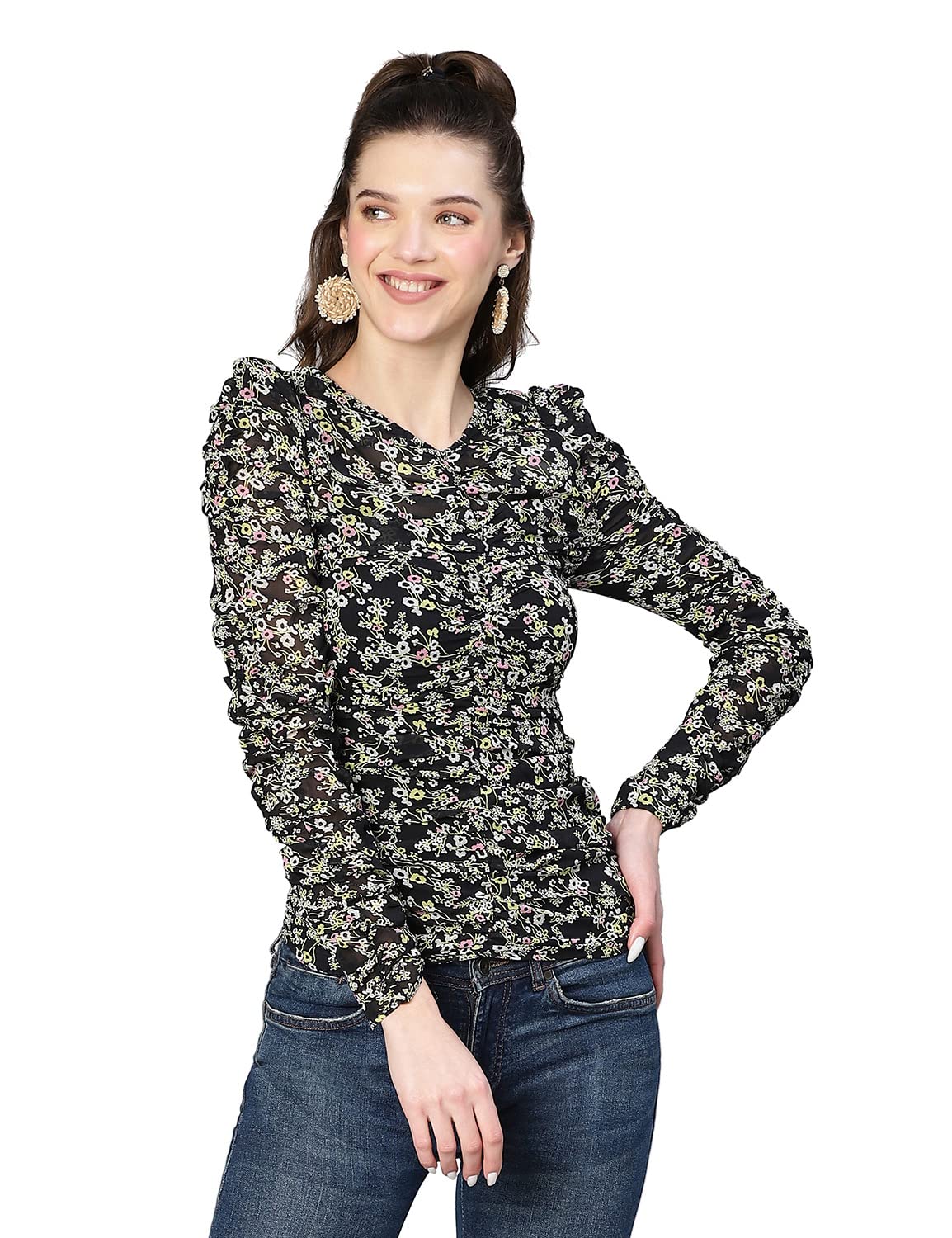 oxolloxo Women Black Floral Polyester Print Garthered Top-picture-33
