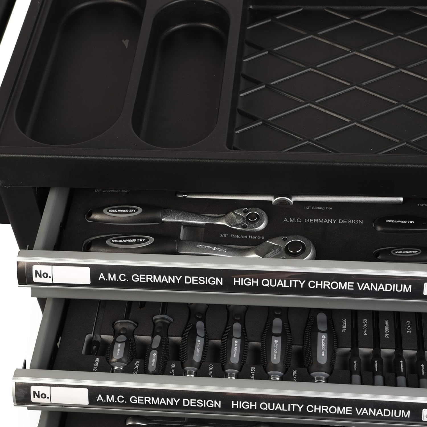 GrecoShop Carrello Attrezzi Portautensili Officina 428 Utensili 6 Cassetti Chiusura a Chiave Organizer Ruote Struttura Rinforzata Carbon Look
