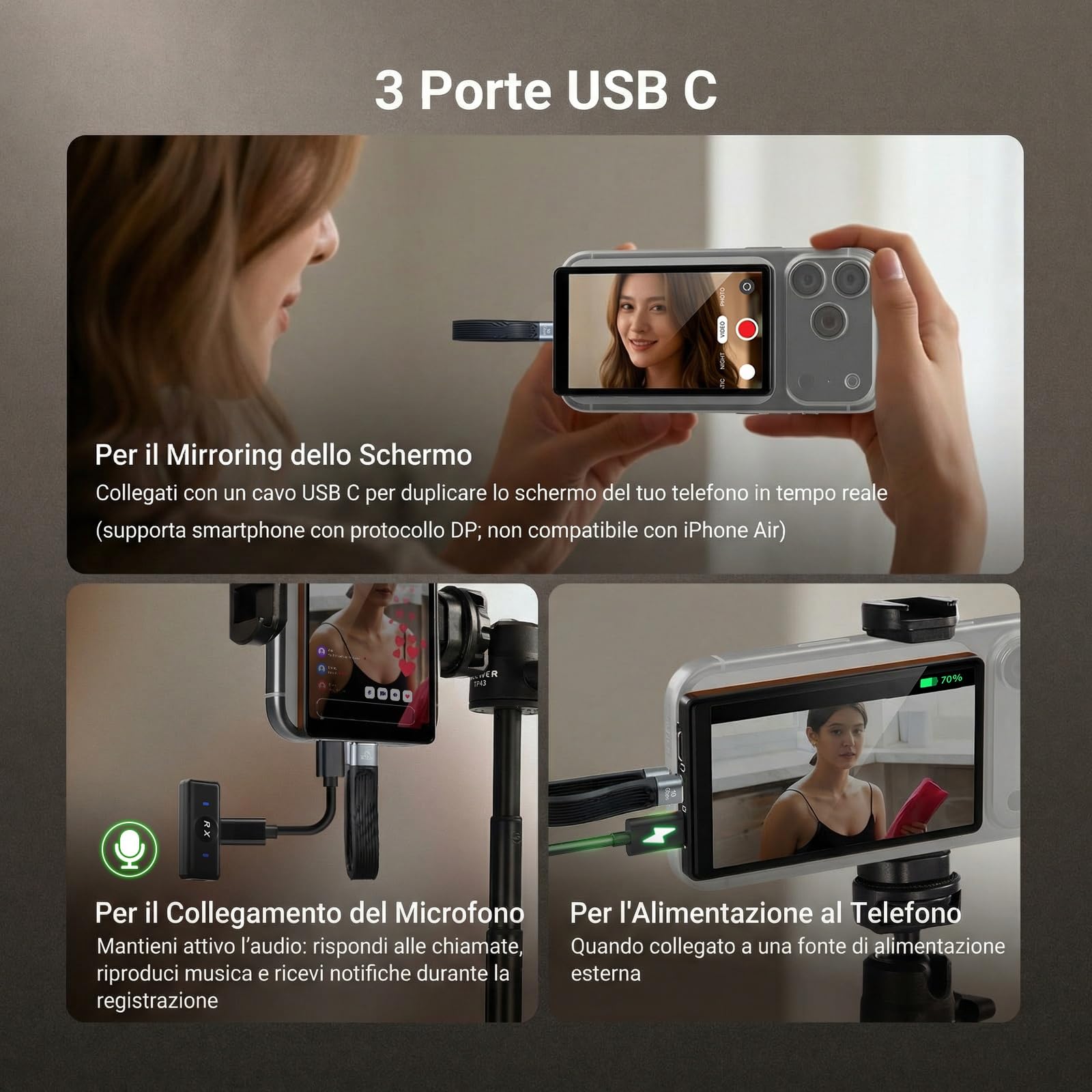 NEEWER BASICS 4" Vlog Selfie Monitor Schermo Magnetico Ultra Sottile per Fotocamera Posteriore, 600nits/Remote per Streaming Riprese Cablata 4K 120fps, Solo Compatibile con iPhone Serie 17 16 15, M4U