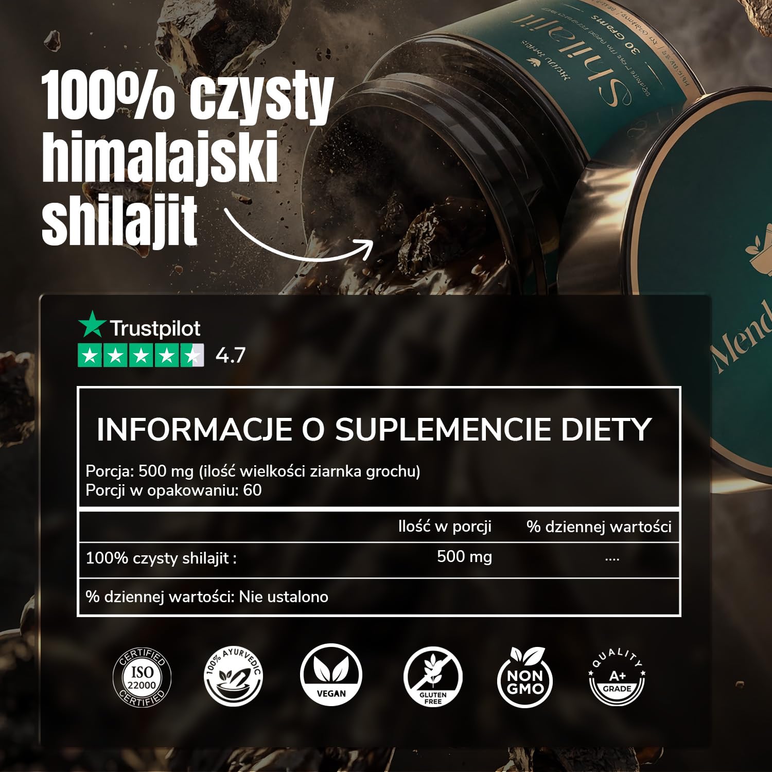Czysta Himalajska Żywica Shilajit 2 × 30 g - 75% Kwasu Fulwowego - Ponad 85 Minerałów - 100% Oryginalna - Testowana Laboratoryjnie - Energia, Regeneracja, Wsparcie Mózgu