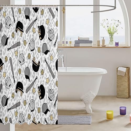 Miniatura 10 de Cortina de baño temática de béisbol con estampado de leopardo negro y gris, cortina de ducha para niños y niñas, decoración de la habitación de los