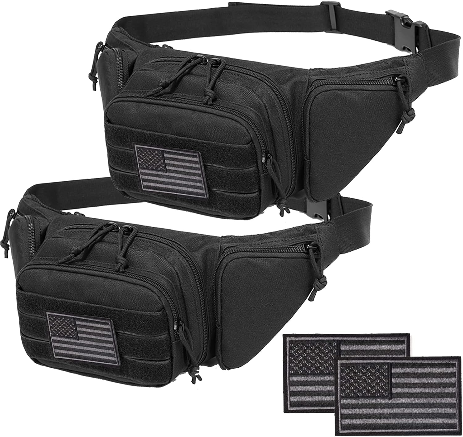 Concealed Pistol Fanny Pack ，Tactical Waist Bag Carry Gun Holster Fits Handgun, 1911 and More with U.S Patch (2 Pack Black+Black)