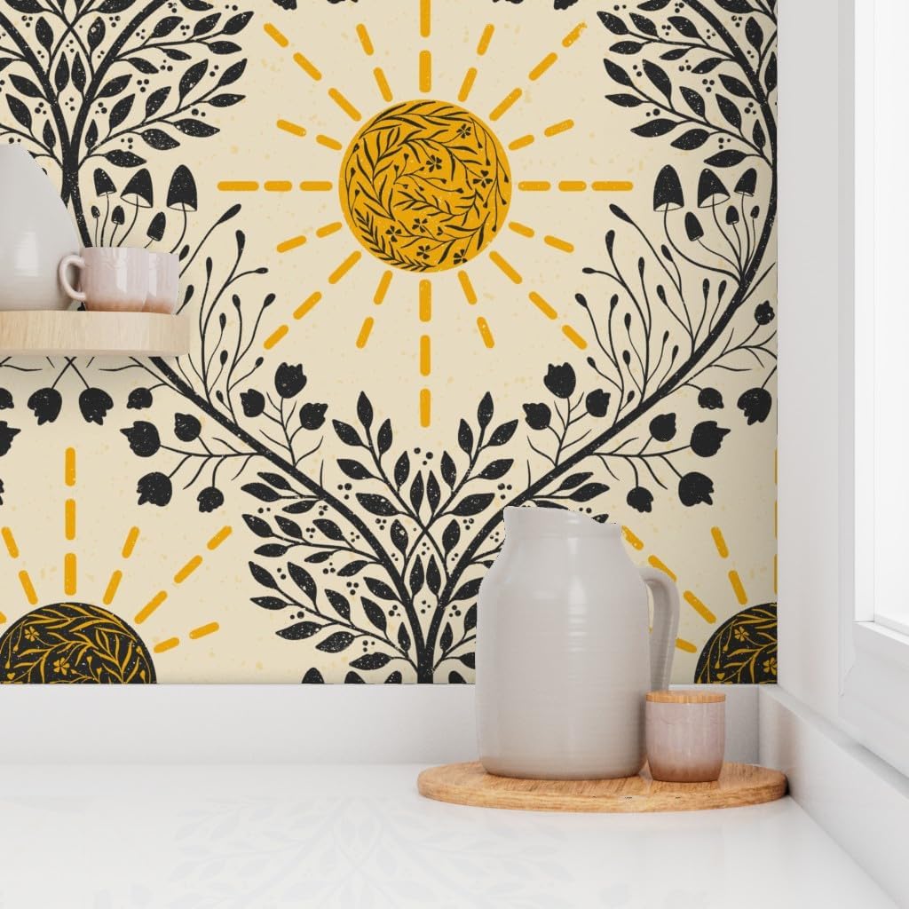 Peel & Stick Wallpaper 3ft x 2ft - Sun Life Providing Retro Mushroom Mushrooms Sunshine Botanical Custom Removable Wallpaper by Spoonflower