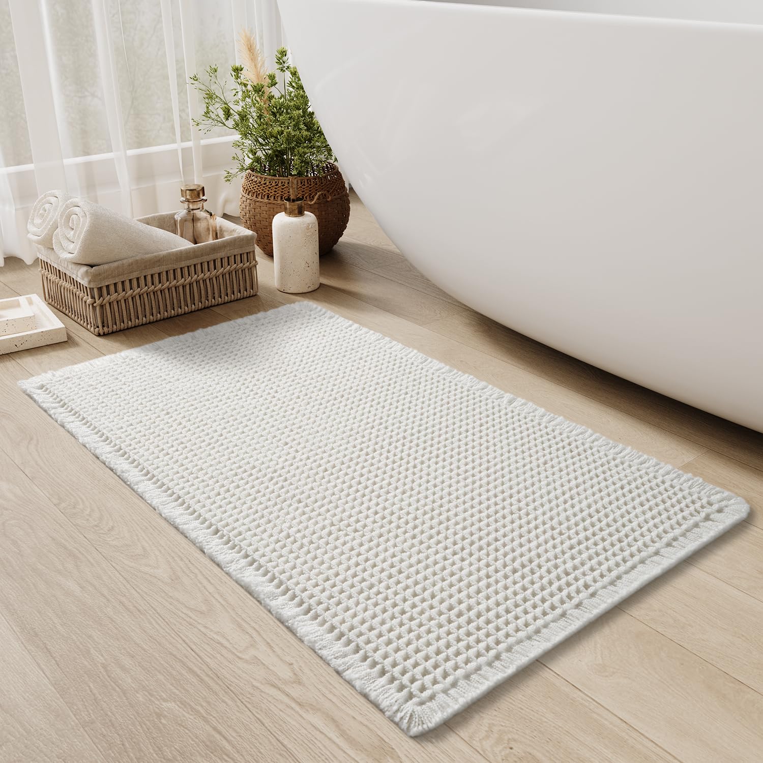 Upgraded Waffle Bath Mat Non Slip Super Absorbent Quick Dry Bath Mats for Bathroom Floor Machine Washable Bathroom Mat Ultra Soft Boho Bathroom Rugs with Tassels Beside Tub, 17" x 24", Brown — view 18