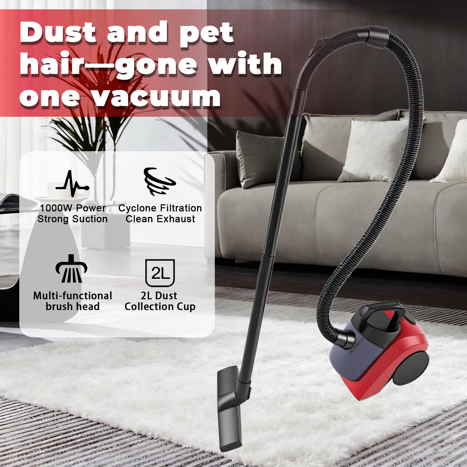 Aspirateur sans Sac 1000 W sans Sac avec Forte Puissance d'Aspiration Tête de Brosse 2 en 1 pour Tapis, Sols Durs et Poils d'animaux