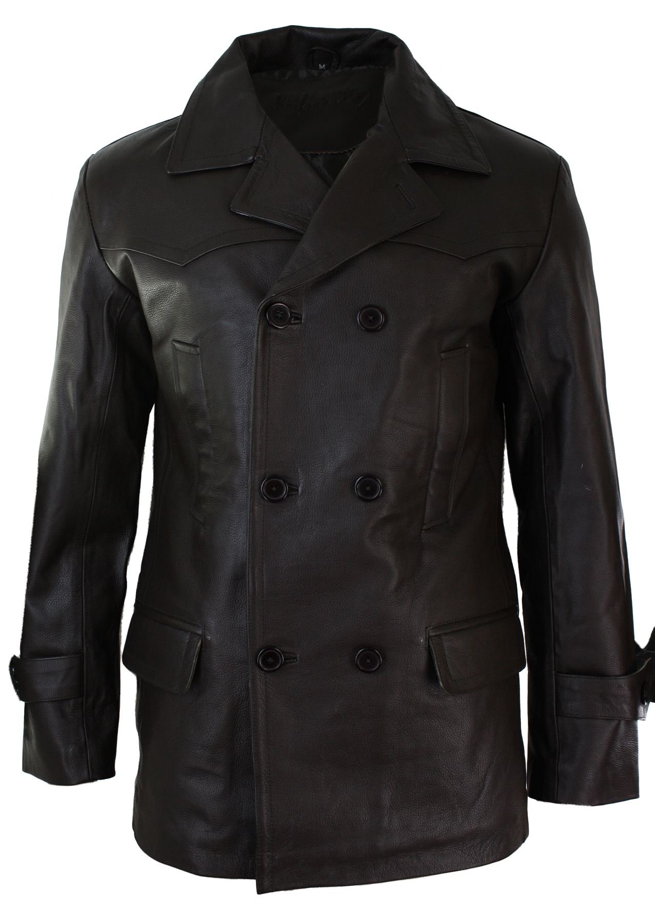 Infinity Leather Men's Brown Leather Company 3/4 Double Breasted Leather Dr Who Kreigsmarine Uboat Jacket - Large
