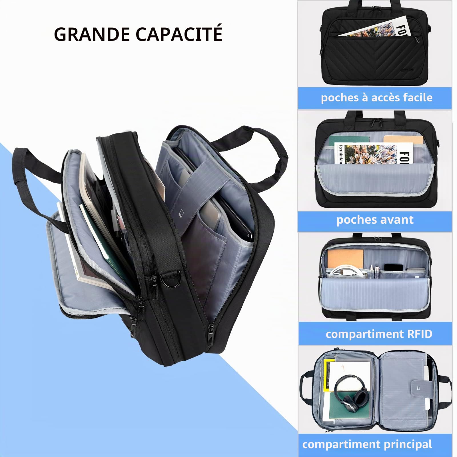VANKEAN Sacoche pour ordinateur portable 17 Pouces, compatible TSA -extensible pour femme et homme Tendance étanche avec poche RFID bandoulière pour affaires/voyage/université - Noir