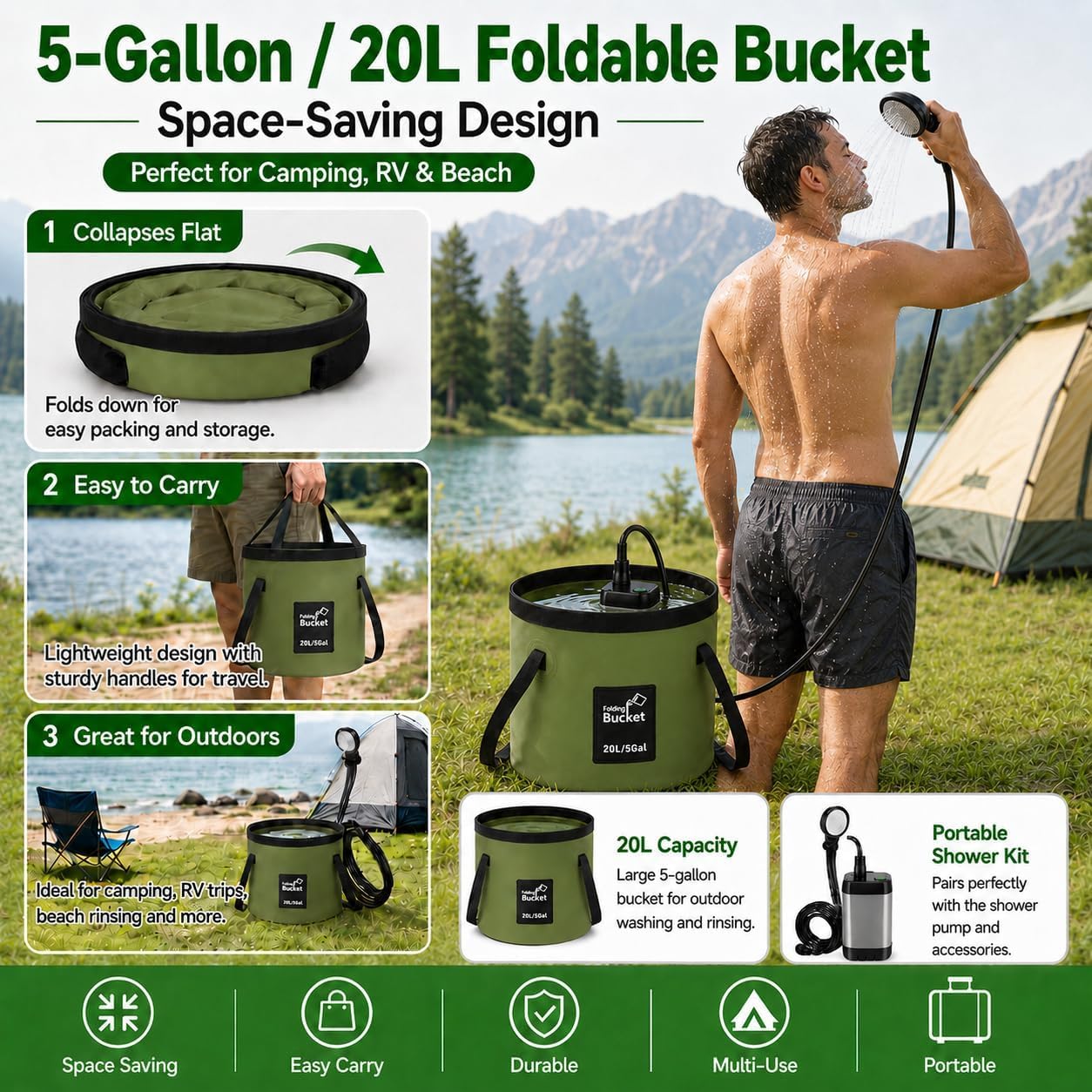 Romicta Doccia da Campeggio Portatile con Batteria Ricaricabile da 6000mAh e Display LED – Secchiello Pieghevole 4 Modalità di Spruzzo Pompa Impermeabile IPX7 Ideale per Trekking, Viaggi, Guida