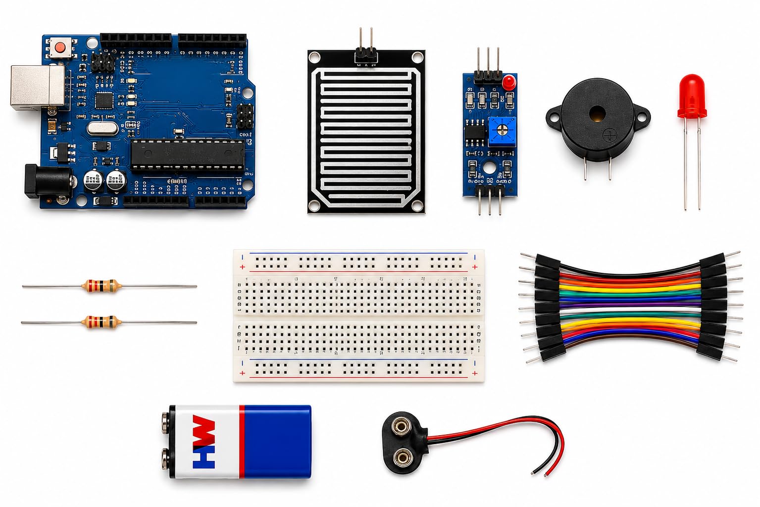 NE LAB Rain Detection Alarm System Project Kit for UNO R3, with Rain Sensor Module, Buzzer, LED, Breadboard, Jumper Wires, 9V Battery-image-4