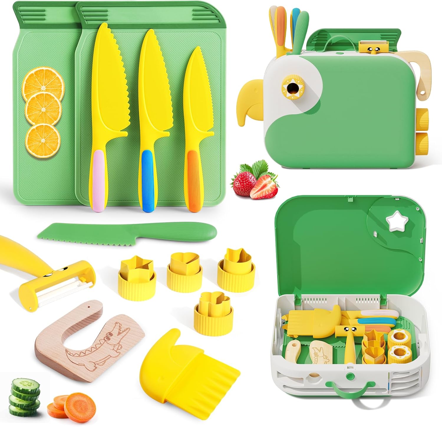 Kids Kitchen Knife Set for Real Cooking with Storage Box Green, Montessori Kitchen Toy with Cutting Board, Plastic Toddler Knives, Peeler, Wooden Safe Knife for Age 3 4 5 6 7 8 Kids Kitchen Knife Set for Real Cooking with Storage Box Green, Montessori Kitchen Toy with Cutting Board, Plastic Toddler Knives, Peeler, Wooden Safe Knife for Age 3 4 5 6 7 8