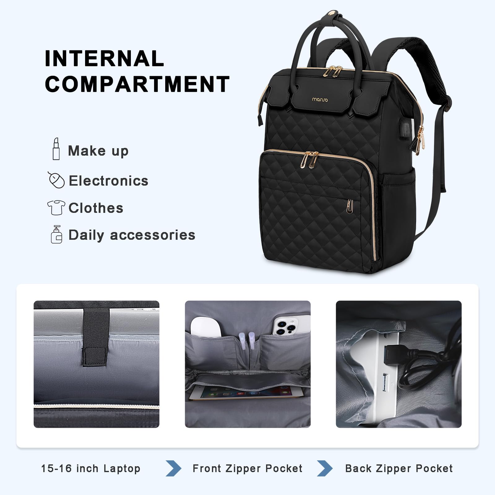 MOSISO 15.6 Pollici Zaino Porta PC Donna e Uomo,Borsa Porta Laptop 15-16 Pollici,Trapuntato a Rombo Approvato il Volo Viaggio con Maniglia Pu,Zaino con Porta USB Universita,Lavoro e Affari, Nero