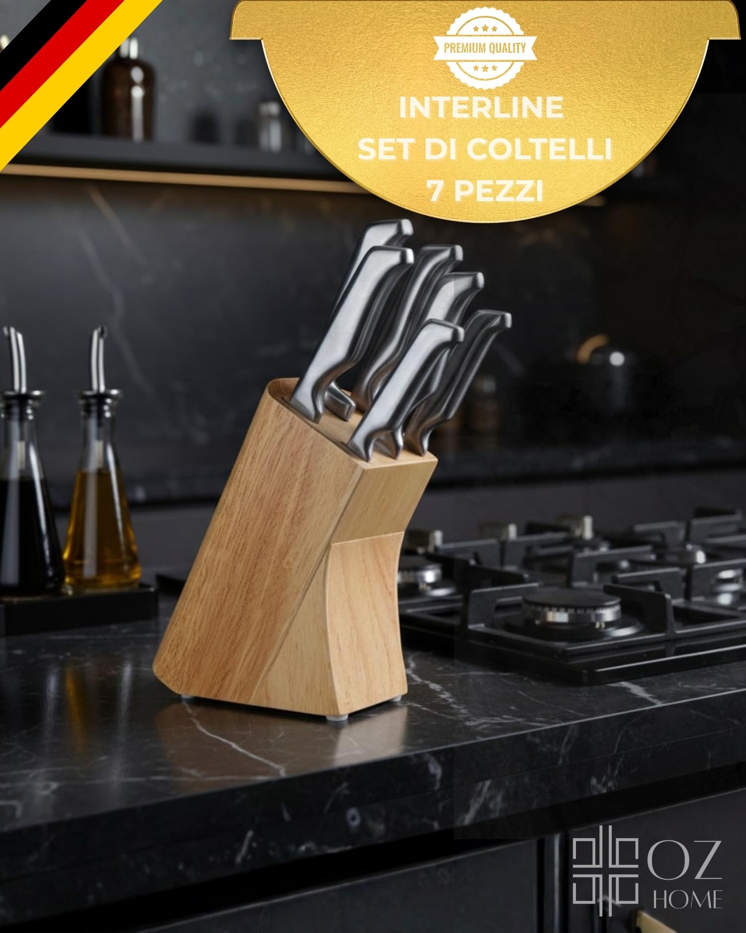 GGS Set Coltelli Cucina con Ceppo Portacoltelli 7 Pezzi – Acciaio Inox Monoblocco Senza Giunzioni, Temprati a Ghiaccio, Lavabili in Lavastoviglie, Impugnatura Ergonomica in Acciaio, Coltelli multiuso