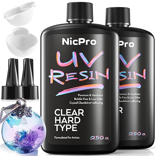 Nicpro Resina UV de 17.64 oz, 2 piezas de resina epoxi UV transparente, alta viscosidad y secado rápido, pegamento UV duro, resina curada UV para