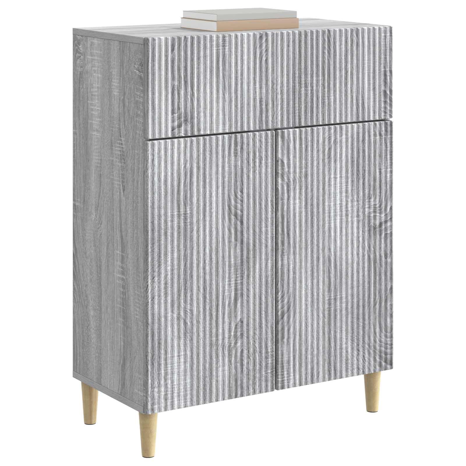 Bufet Sonoma szary 66 x 34,5 x 90 cm z drewna inżynieryjnego, meble vintage z półkami, drzwiami i szufladami do salonu lub jadalni, elegancki design i wygodne przechowywanie.