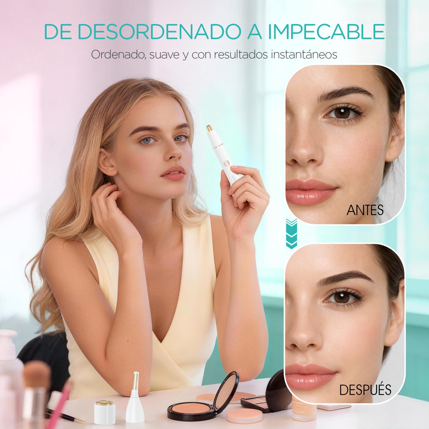 VOGOE Depiladora Facial Mujer 3-en-1, Regulador de Cejas Eléctrico Indolora, Recargable y Resistente al Agua con Peine, para Cejas, Labio Superior, Mentón y Mejillas (Blanco)