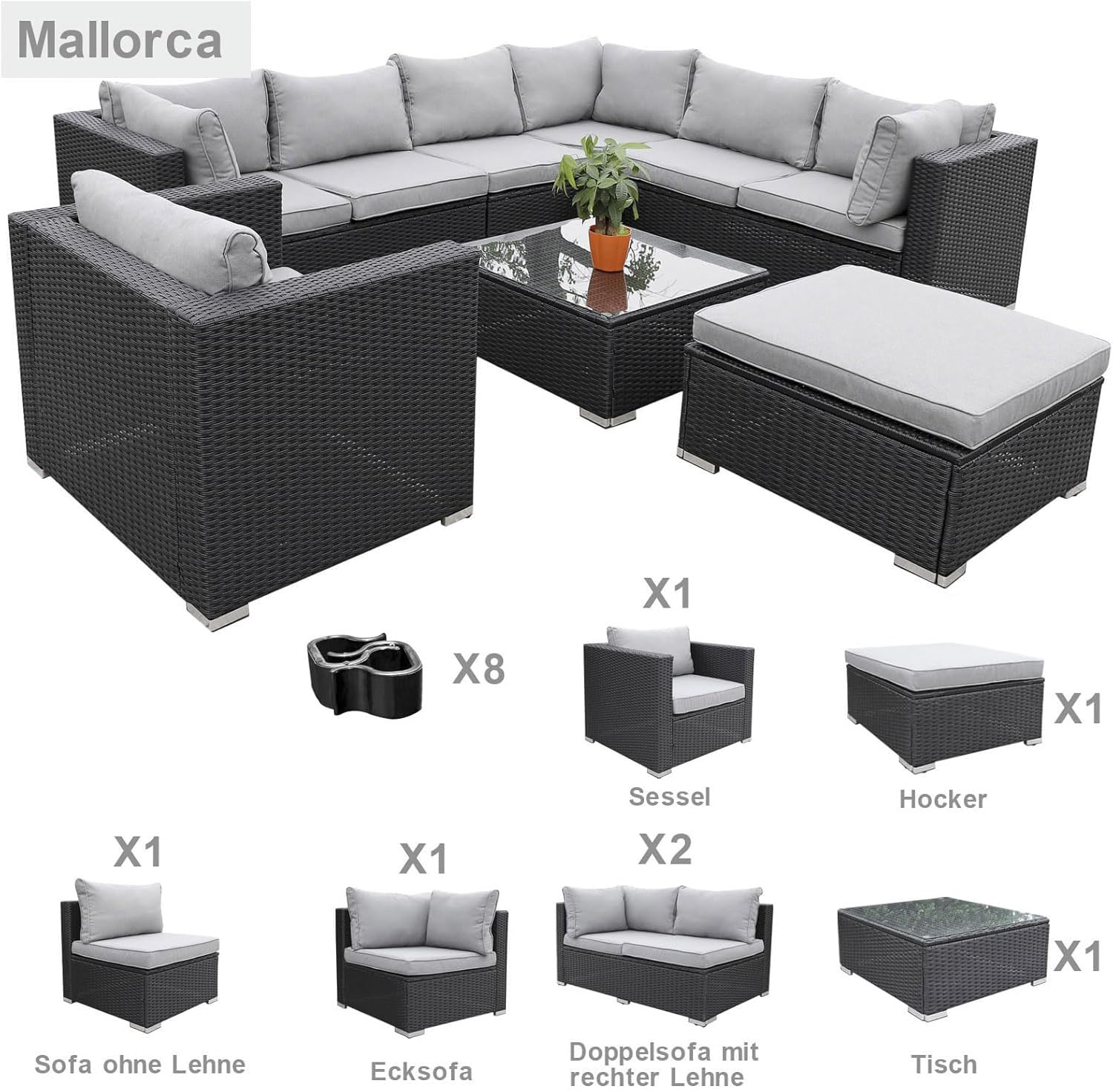 Gartenmöbel Lounge Set| 3-7 Personen viele Modelle| inkl. extra Dicke Kissen | Outdoor Loungemöbel Sitzgruppe Essgruppe Garnitur | klassisch Schwarz (Mallorca)