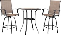 PHI VILLA 3-Piece Outdoor Swivel Bar Set: Textilene Bar Stools with 360° Rotation & Square Table - Rust-Resistant Patio Bistro, Brown