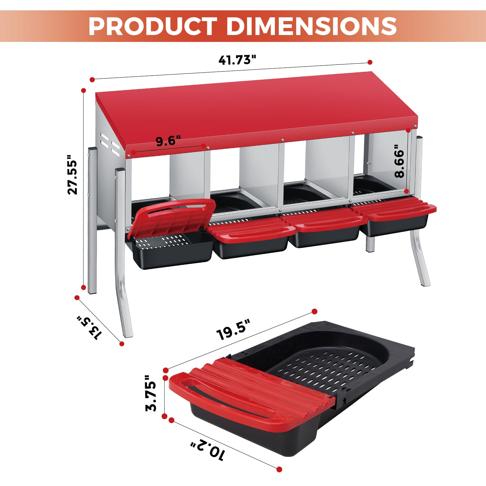 IDEALHOUSE Rollaway - Nido per polli in acciaio zincato, scarico automatico delle uova, cassetto e ventilazione, montaggio a parete, 4 scomparti + supporto, rosso