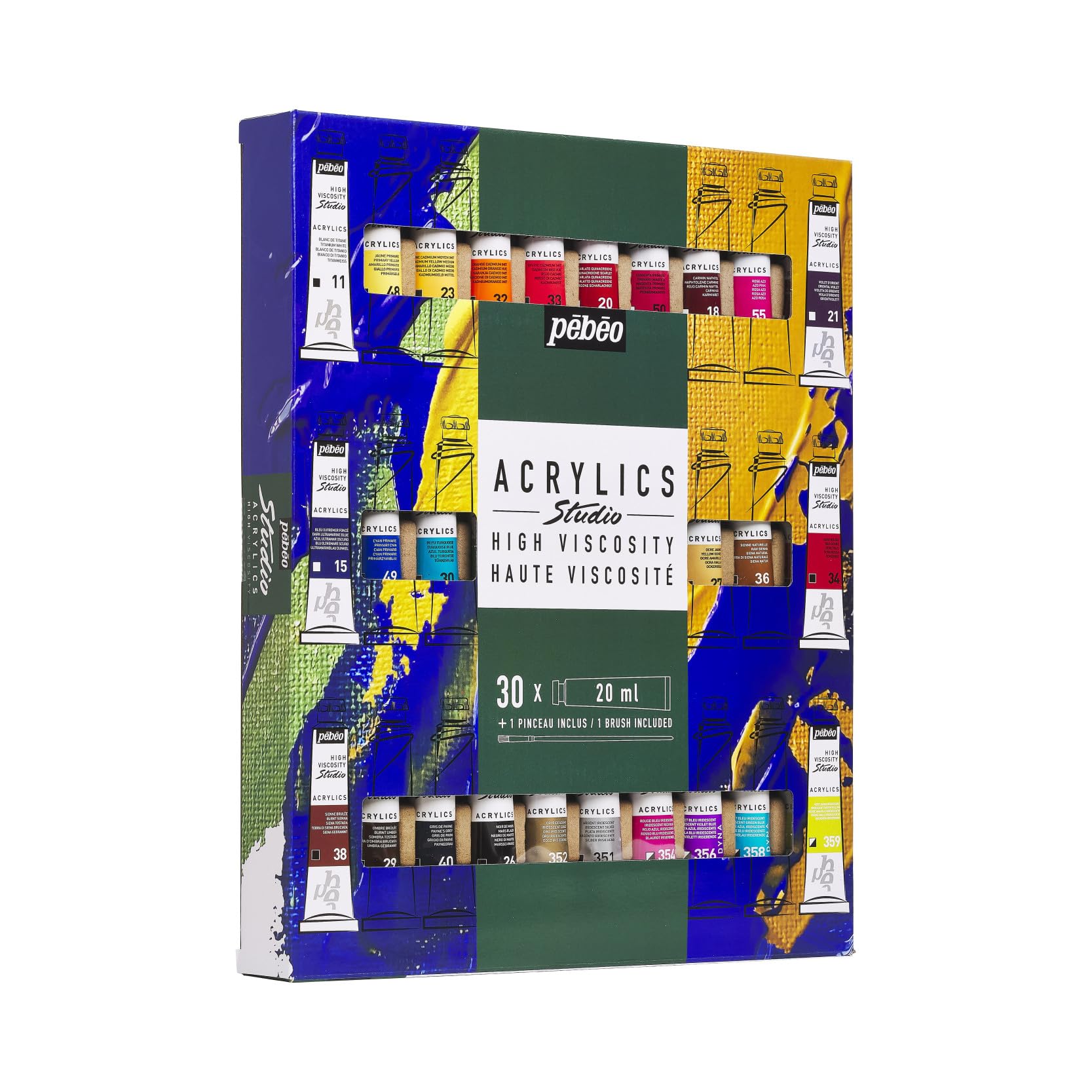 Pébéo Studio Acrylics - Estuche de Pintura Acrílica - 30 Tubos de 20 ml + Pincel - Colores Variados - Alta Pigmentación