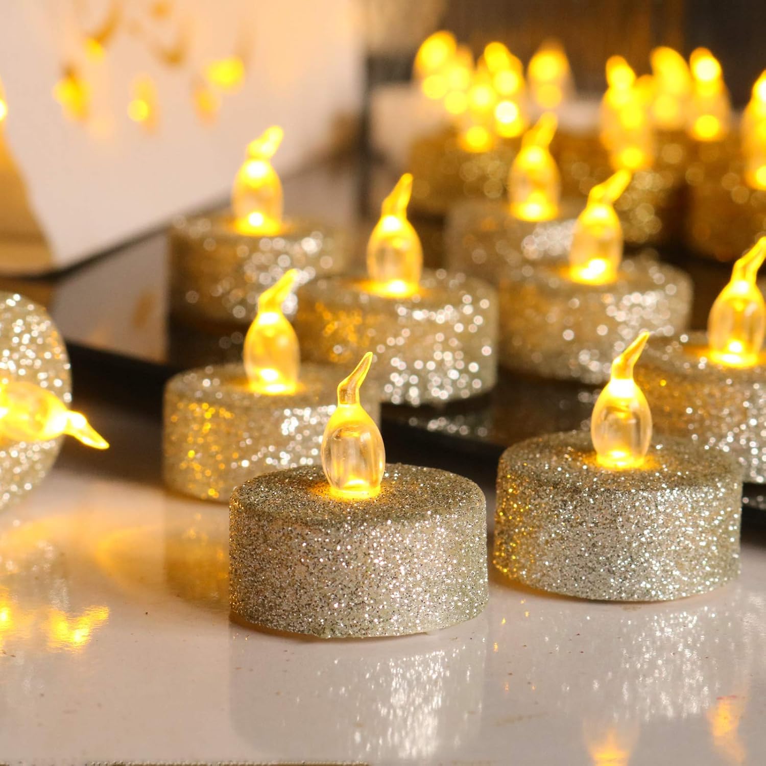 12PCS Glitter Tea Lights Candles with 6 Hours Timer,LED Votive Candle Battery Operated Warm White Flickering for Valentine's Day Anniversary Decor,Christmas Wedding(Silver)