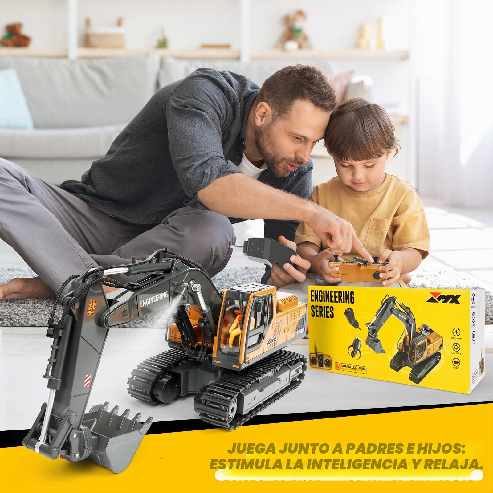 Charmofun 3-en-1 Excavadora Teledirigida, Juguete RC con 3 Cabezas de Metal, Cabina Giratoria 680° con Luces y Música, Regalo para Niños 3-12 Años