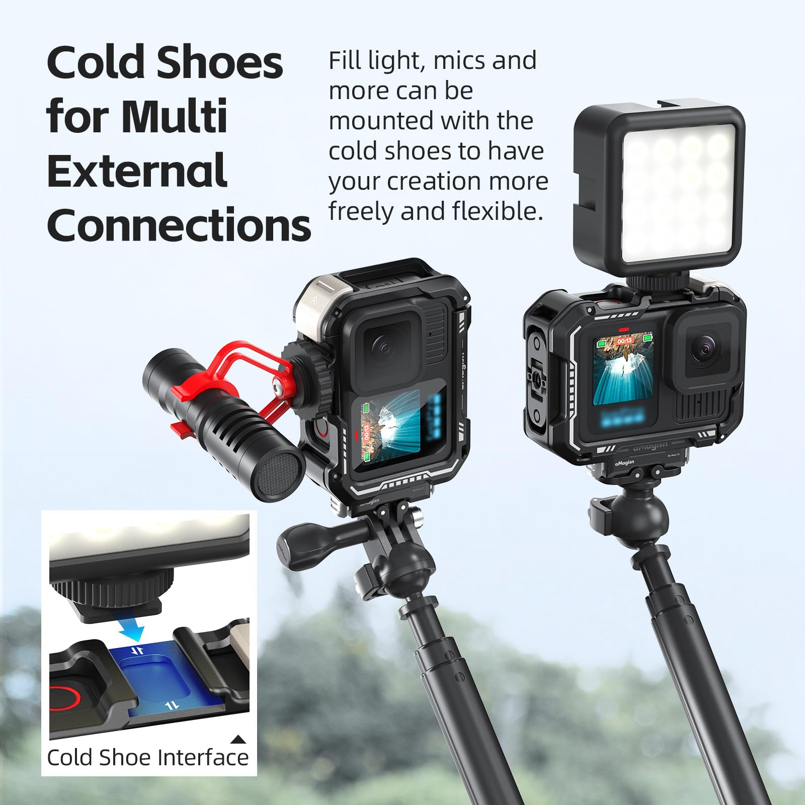 Metal Xplorer Empuñadura Kit para GoPro/DJI/Insta360 Acción Cámaras, Disparo Accesorios para GoPro 13/Insta360 GO Ultra/Ace Pro 2/dji Osmo Action 5 Pro (for Hero 13/12/11/10/9(Cage+Mount))