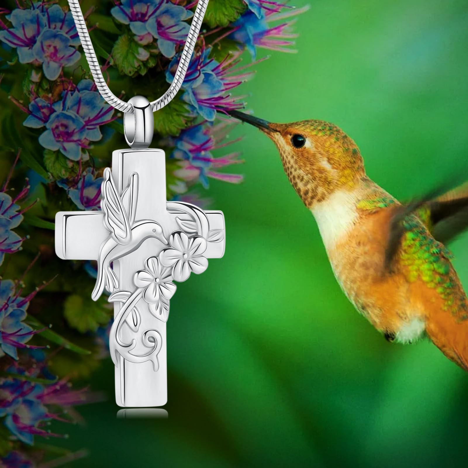 Collar de urna para cenizas, flores, cenizas, collar conmemorativo, cruz de colibrí, joyería de cremación, cenizas, recuerdos, collar de regalo para mujeres y hombres