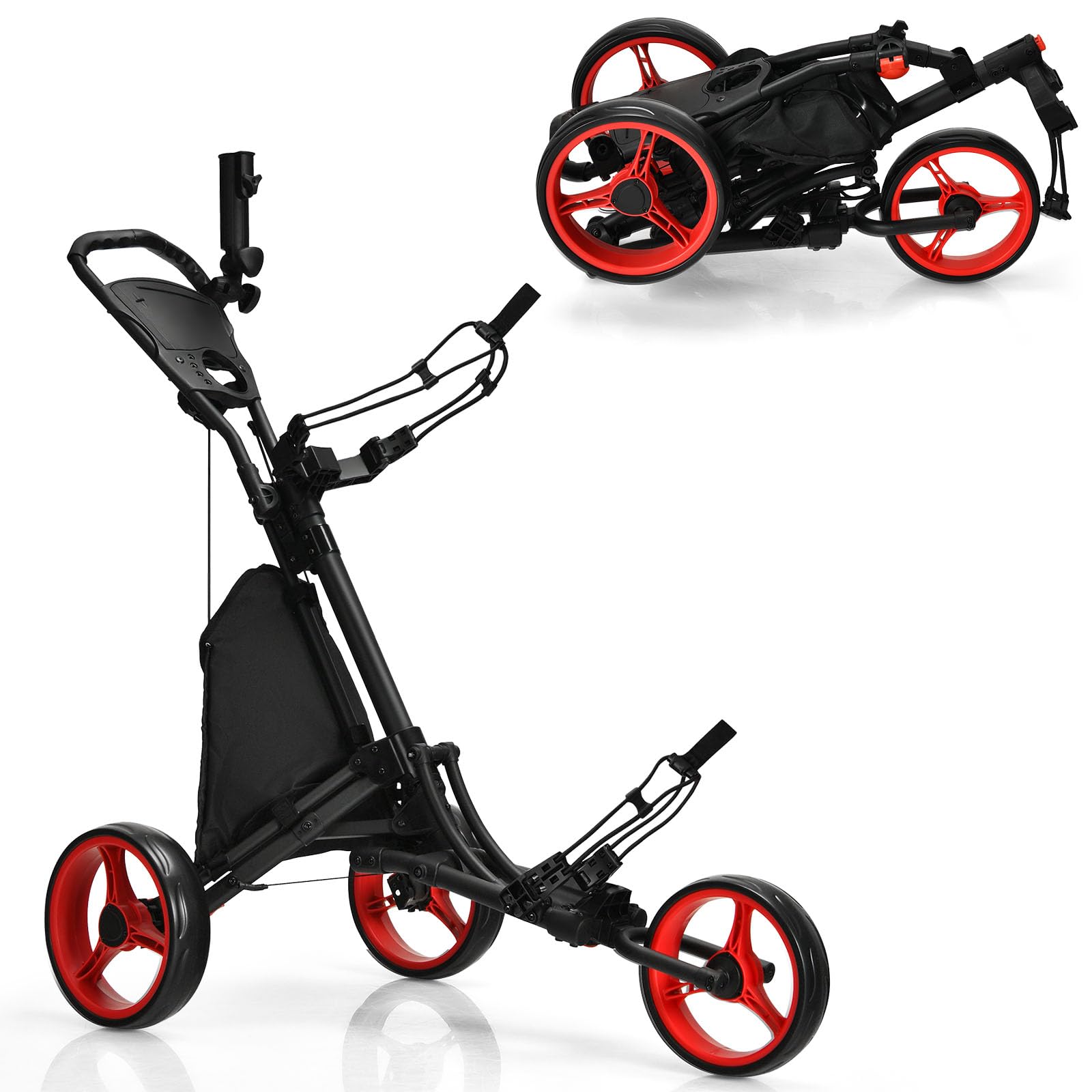 LIFEZEAL Carrito de Golf Plegable 3 Ruedas con Freno de Pie, Altura Ajustable, Paragüero, Portabotellas y Bolsa