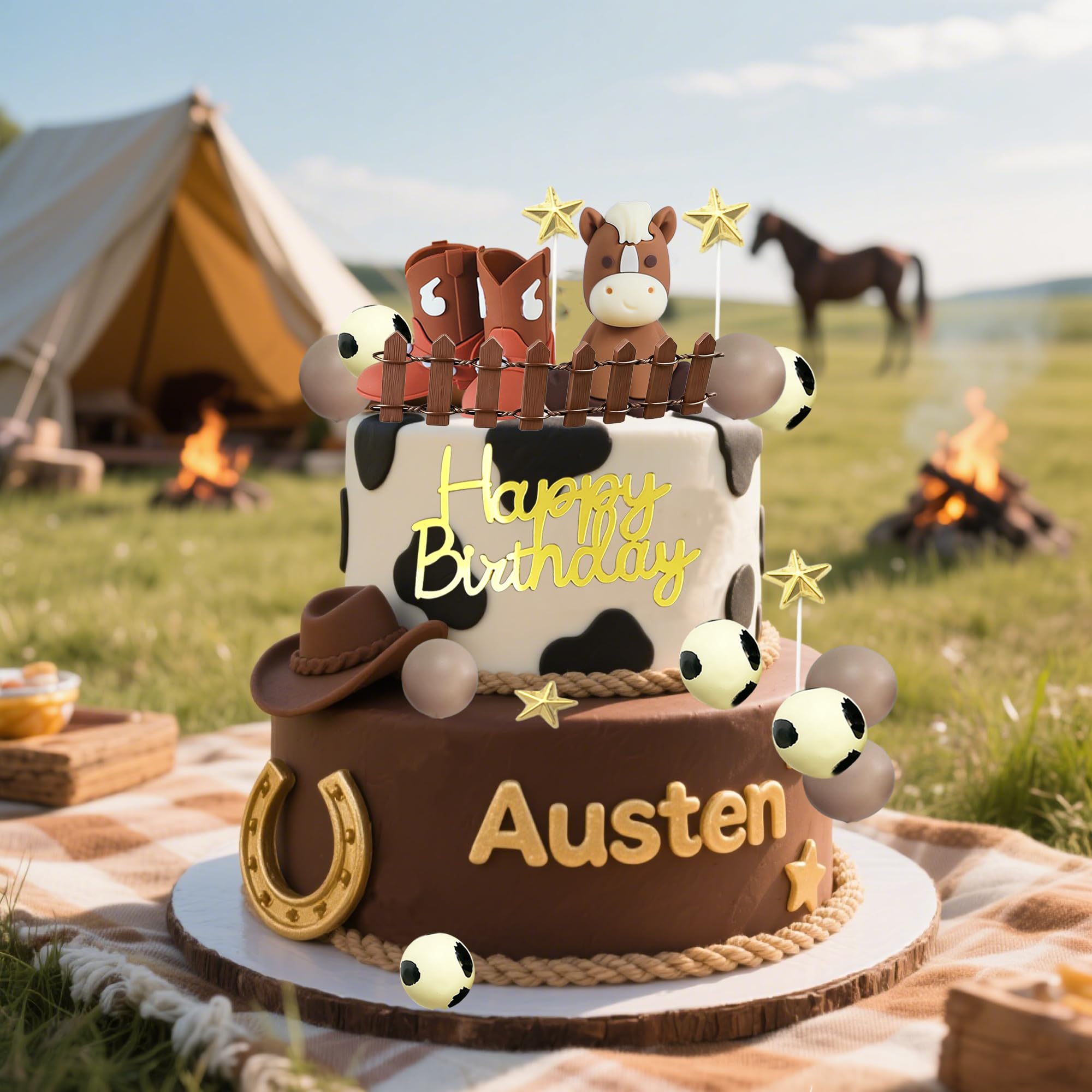 Tyotrbs 3D Cowgirl Happy Birthday Cake Topper Cowboy Hat Boots Cake Decoration for Western Theme Babyshower Birthday Party Cake Decorations (brown2) - Image 5