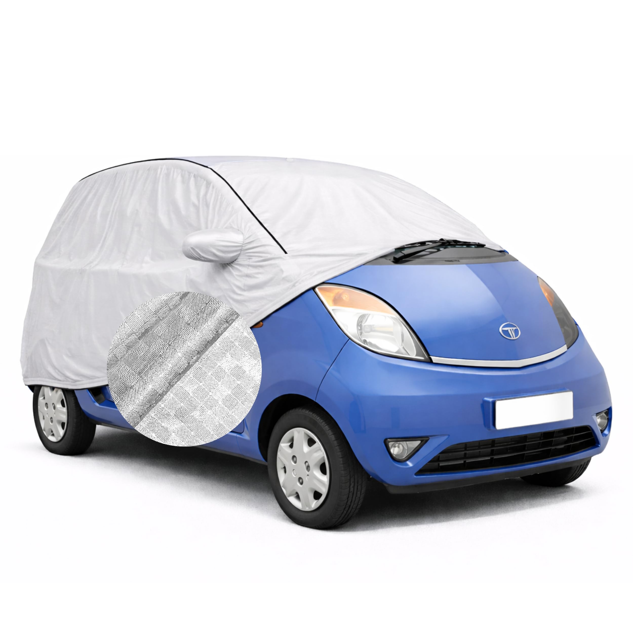 SEAZEN Waterproof Car Cover for Tata Nano | Dustproof, UV & Scratch Resistant Soft Cotton Lining | Triple Stitched, Mirror Pockets & Elastic Hem | Metallic Silver with Black Piping-image-42