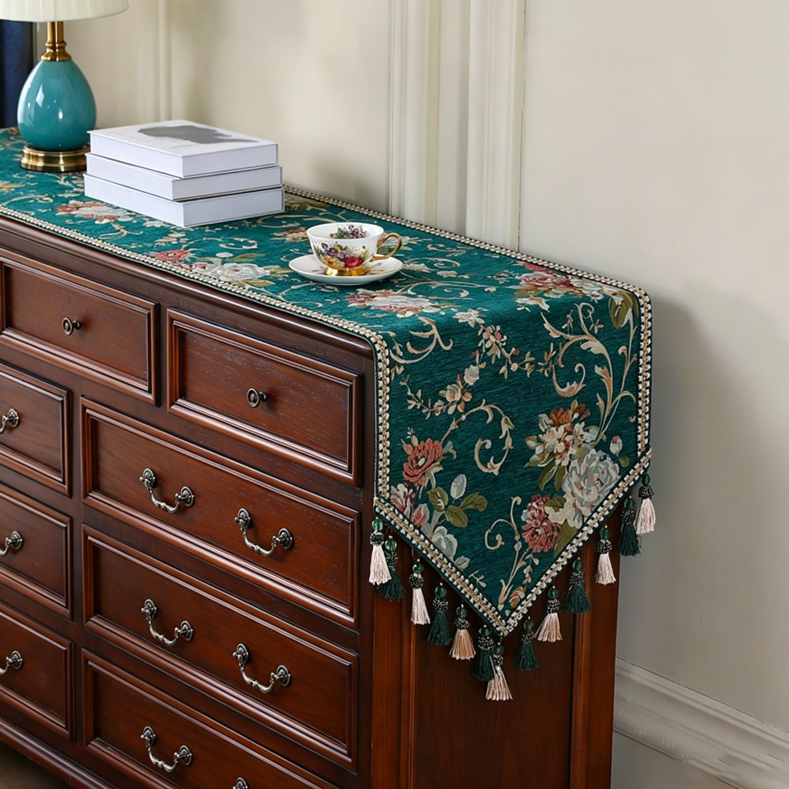 Camino de Mesa Tela Superior, Color Verde Y Marrón, Camino De Mesa Floral Bordado, Tapete Antipolvo para Muebles De Dormitorio, Mueble De TV, Instrumento Musical De Piano(Green,50x180cm)
