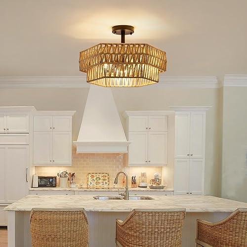 Miniatura 9 de Lámpara de techo semiempotrada de granja, 3 luces, estilo bohemio, lámpara de techo de cuerda de cáñamo tejida rústica, lámpara de techo hexagonal