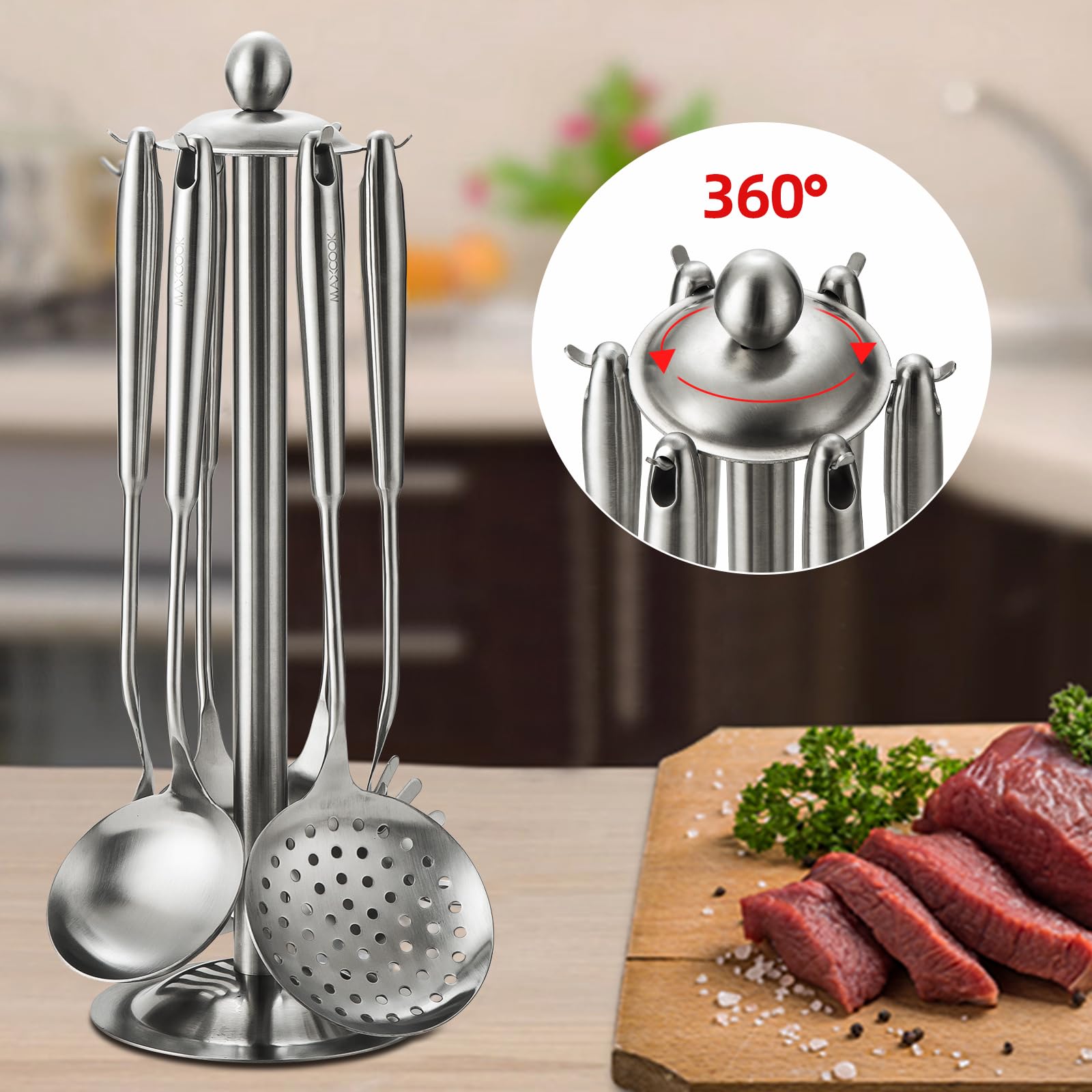 Edelstahl-Kochutensilien-Set, 18/8 Edelstahl, Küchenutensilien-Set, 7-teiliges Kochgeschirr-Set mit drehbarem Halter, hitzebeständiger Edelstahl-Kochlöffel (spülmaschinenfest)
