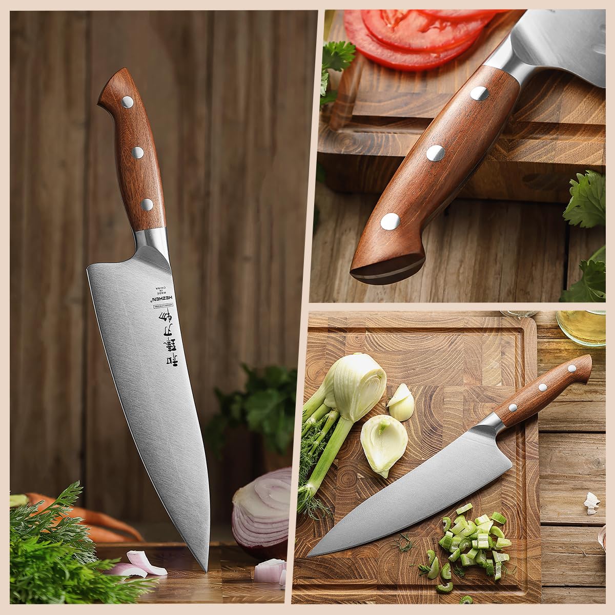 Coltelli da Chef HEZHEN 21cm Acciaio German DIN1.4116 Full Tang Manico Redwood