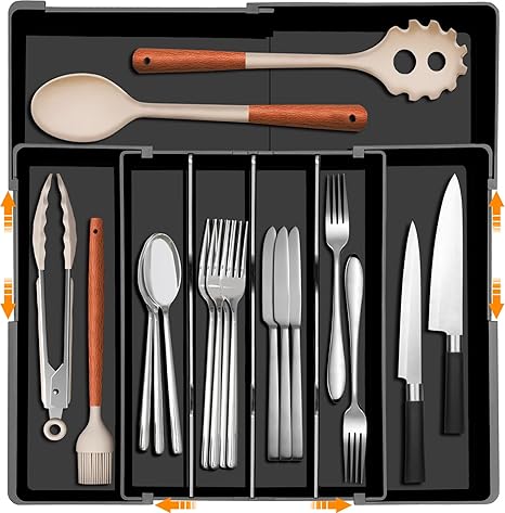 Homecor Silverware Organizer - Upward-Expandable Kitchen Drawer Organizer Utensil Holder, BPA Free Flatware and Cutlery Tray for Spoons Forks Knives, Plastic Kitchen Organizer and Storage, Black