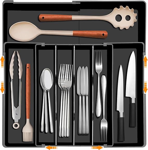 Homecor Silverware Organizer - Upward-Expandable Kitchen Drawer Organizer Utensil Holder, BPA Free Flatware and Cutlery Tray for Spoons Forks Knives, Plastic Kitchen Organizer and Storage, Black