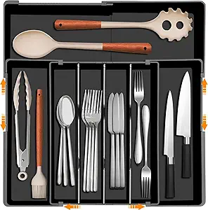 Homecor Silverware Organizer - Upward-Expandable Kitchen Drawer Organizer Utensil Holder, BPA Free Flatware and Cutlery Tray for Spoons Forks Knives, Plastic Kitchen Organizer and Storage, Black