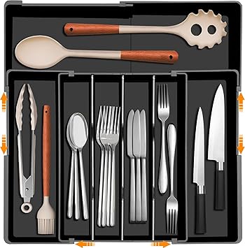 Homecor Silverware Organizer - Upward-Expandable Kitchen Drawer Organizer Utensil Holder, BPA Free Flatware and Cutlery Tray for Spoons Forks Knives, Plastic Kitchen Organizer and Storage, Black