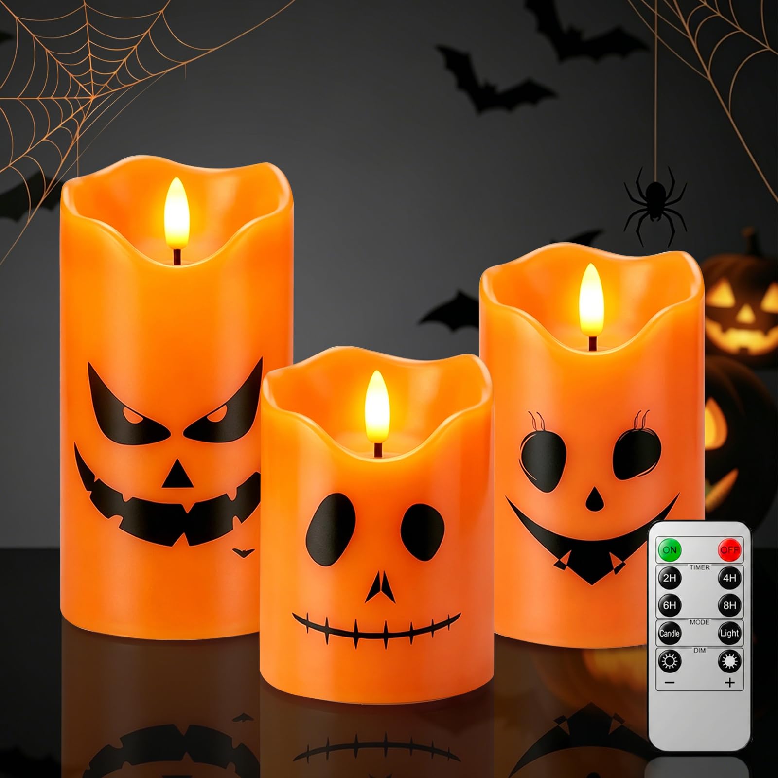 Wekity 3-Pack Halloween Flameless Candles Set, Orange LED Candles Light with Remote & Timer, Realistic Flickering Moving Wick for Autumn Party Home Decor